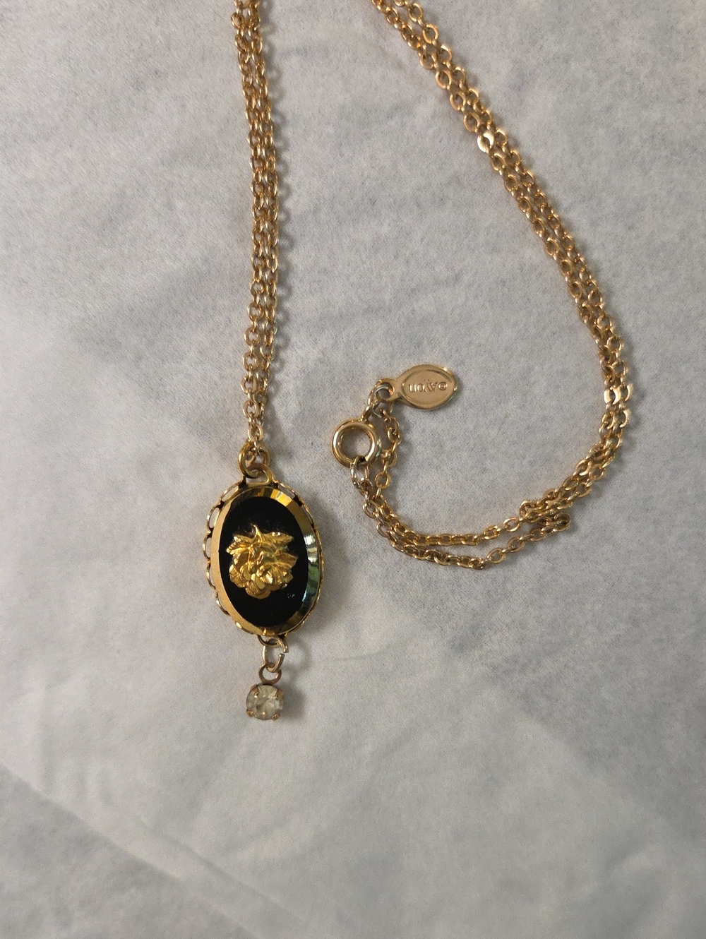 Avon Gold-Tone Necklace with Black Oval Floral Pendant